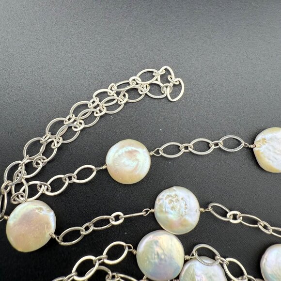 Coin Pearl Necklace Single Strand With Silver-Tone Chain Elegant - Picture 9 of 11